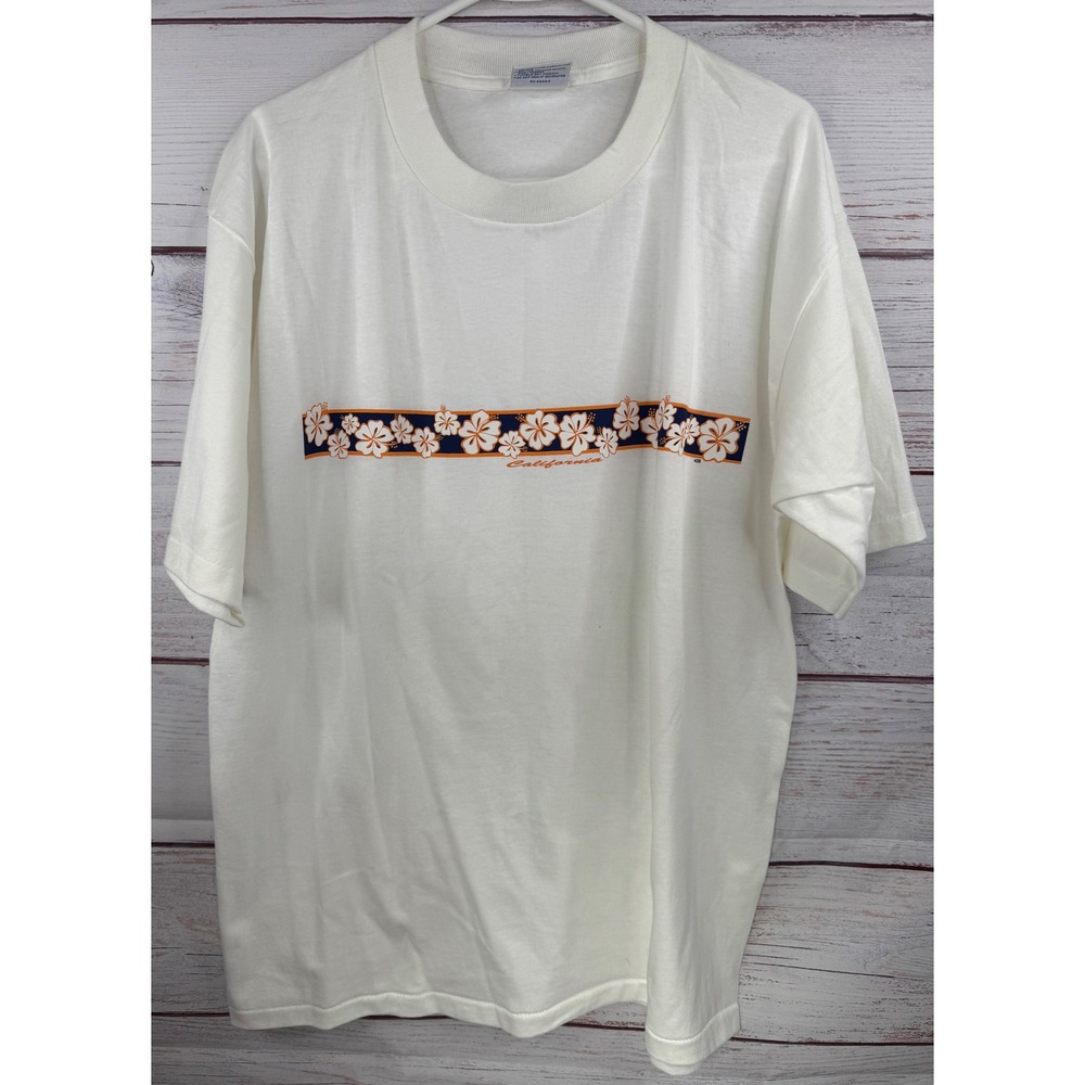 Vintage All Sport Max Weight California Hibiscus Floral‎ T-Shirt White Large 90s